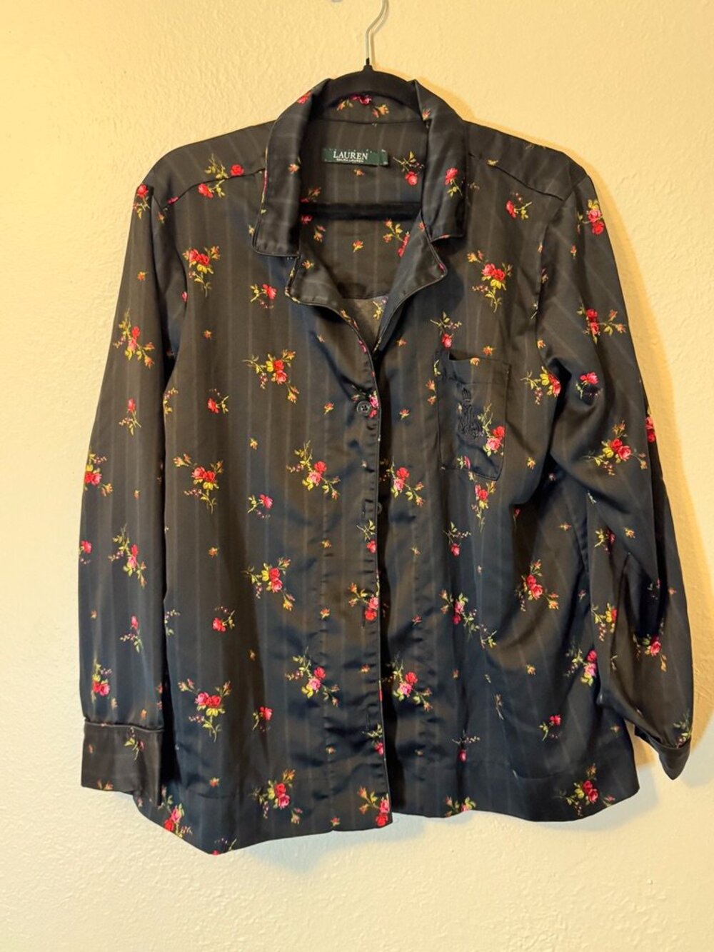 Lauren Ralph Lauren Satin Pajama Top Black with Flowers Size L